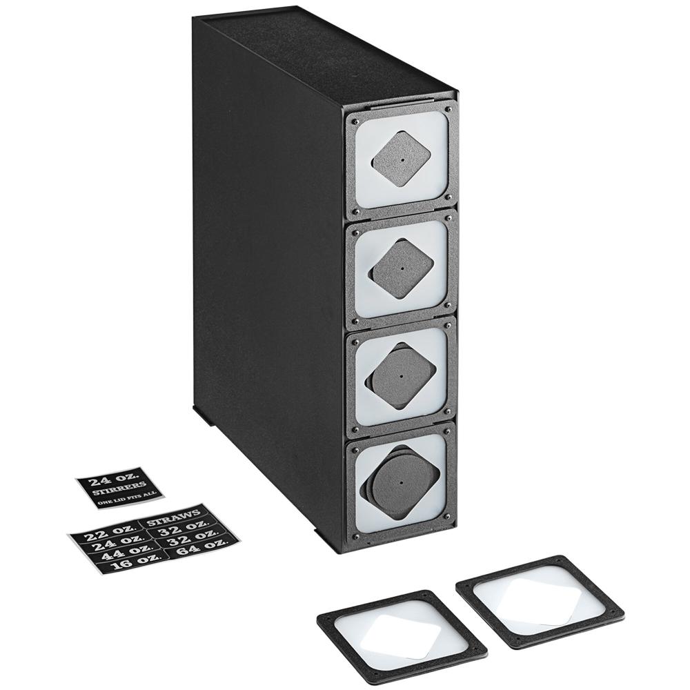 Black Countertop Slim Cup Dispenser Cabinet with 6 Fast-Changing Gaskets - 4 Slot