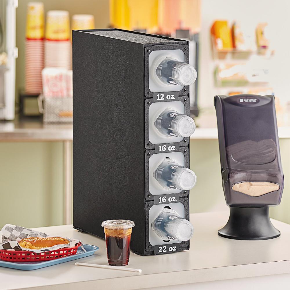 Black Countertop Slim Cup Dispenser Cabinet with 6 Fast-Changing Gaskets - 4 Slot