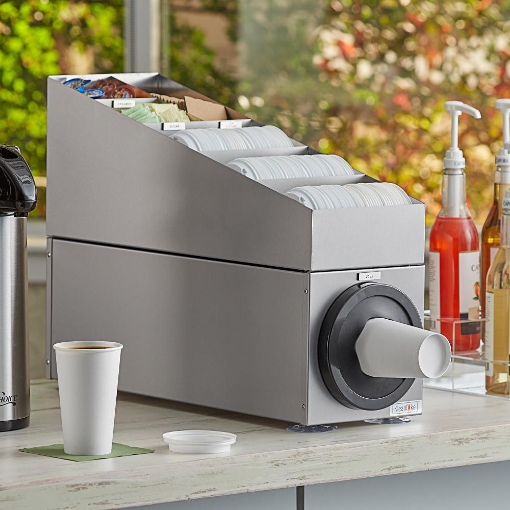 Stainless Steel Countertop Cup Dispenser Cabinet with Lid, Straw, and Condiment Organizer - 1 Slot