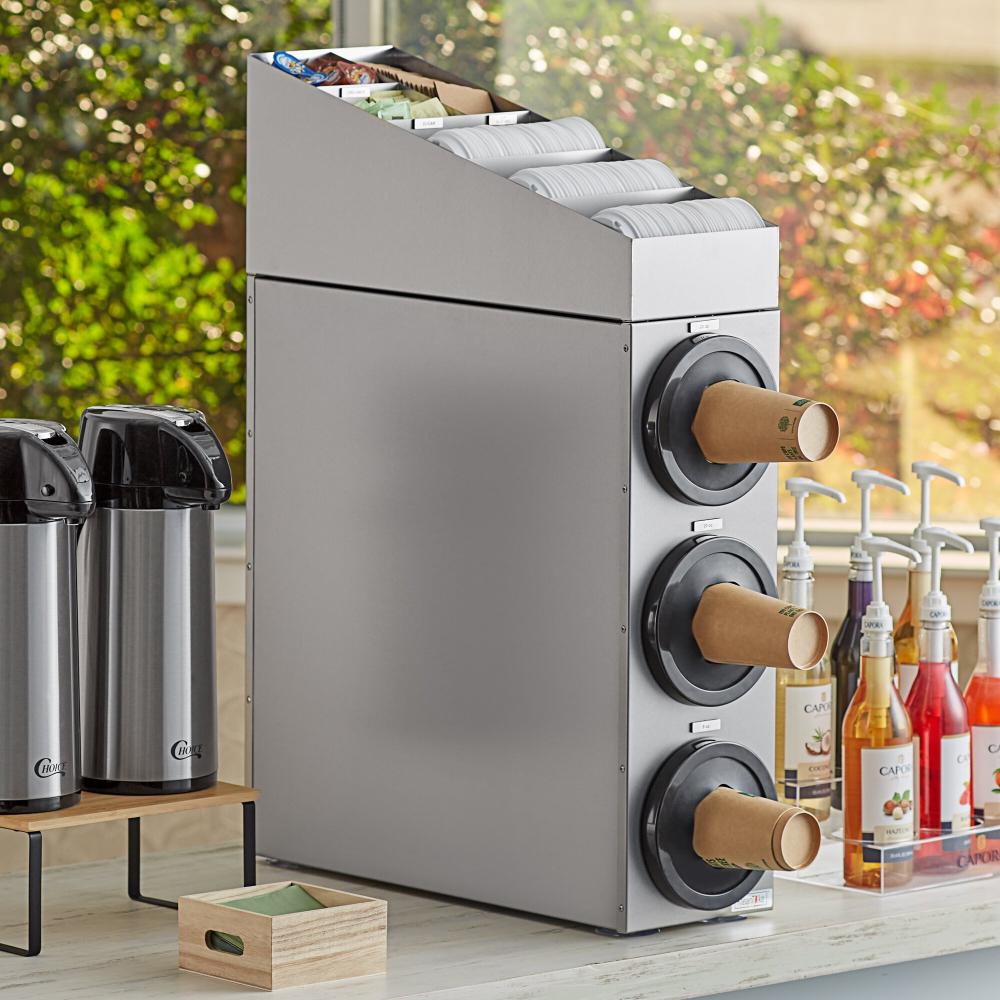 Stainless Steel Countertop 8-44 Oz. Cup Dispenser Cabinet With Lid, Straw, And Condiment Organizer - 3 Slots