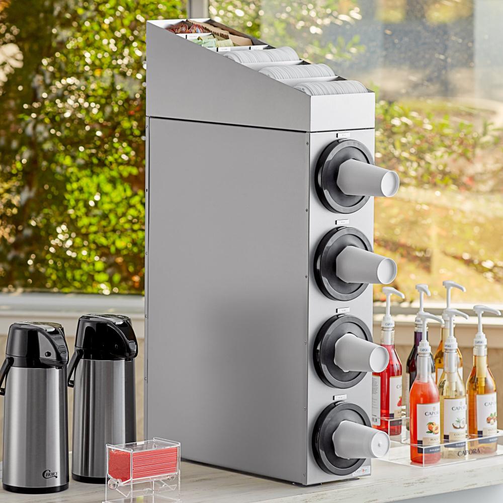 Stainless Steel Countertop 8-44 Oz. Cup Dispenser Cabinet With Lid, Straw, Condiment Organizer - 4 Slots