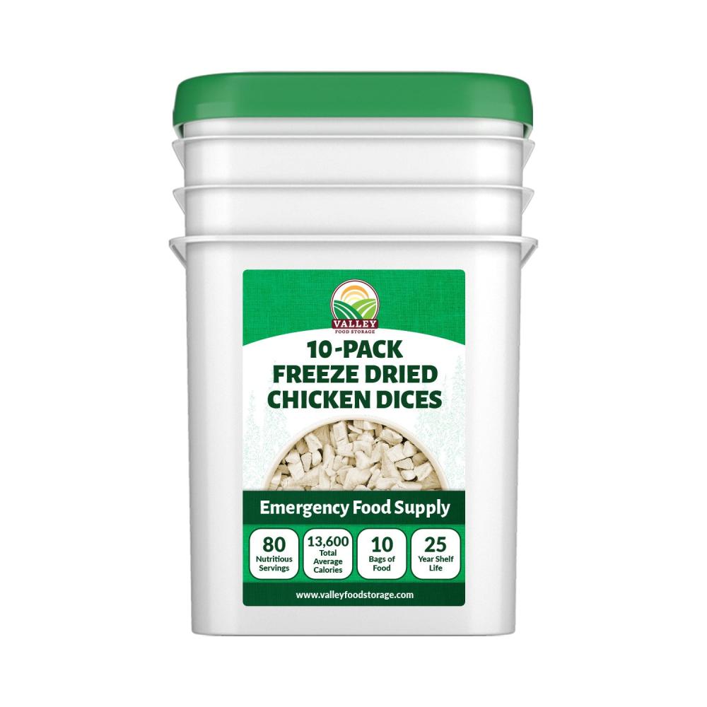 Chicken Dices - 10 Pouch Plus Bucket, Freeze-Dried, long-term and great for camping or emergency food!