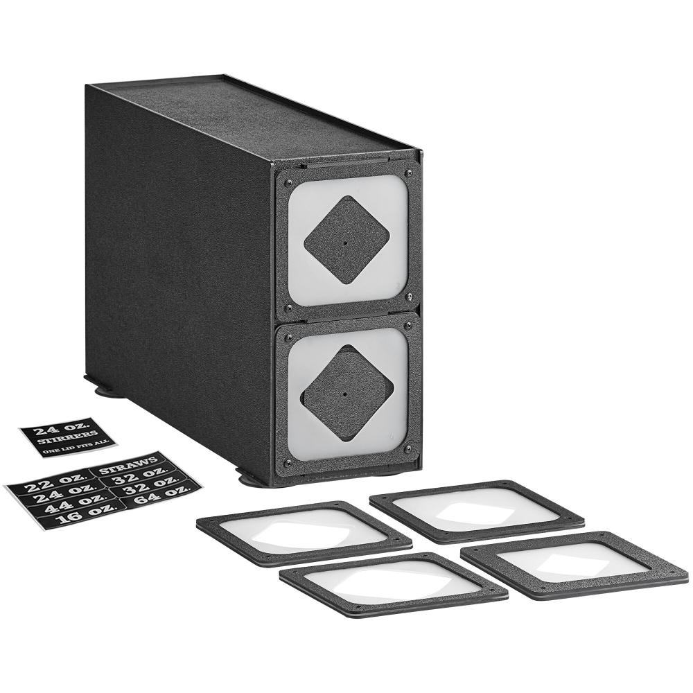 Black Countertop Slim Cup Dispenser Cabinet with 6 Fast-Changing Gaskets - 2 Slot