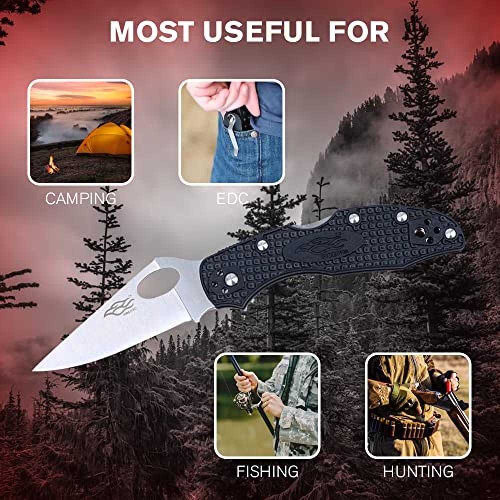 Pocket Folding Knife Nylon Glass Fiber Anti-Slip Handle 440C Stainless Steel Blade Tactical Knife - Black