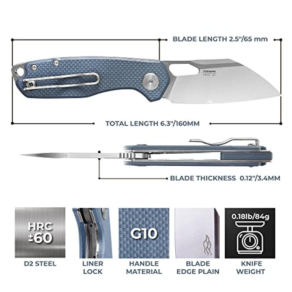 Pocket Folding Knife Wharncliffe D2 Steel Blade G10 Anti-Slip Handle with Clip Camping Hunting Fishing Folder Outdoor EDC Knife (Gray)