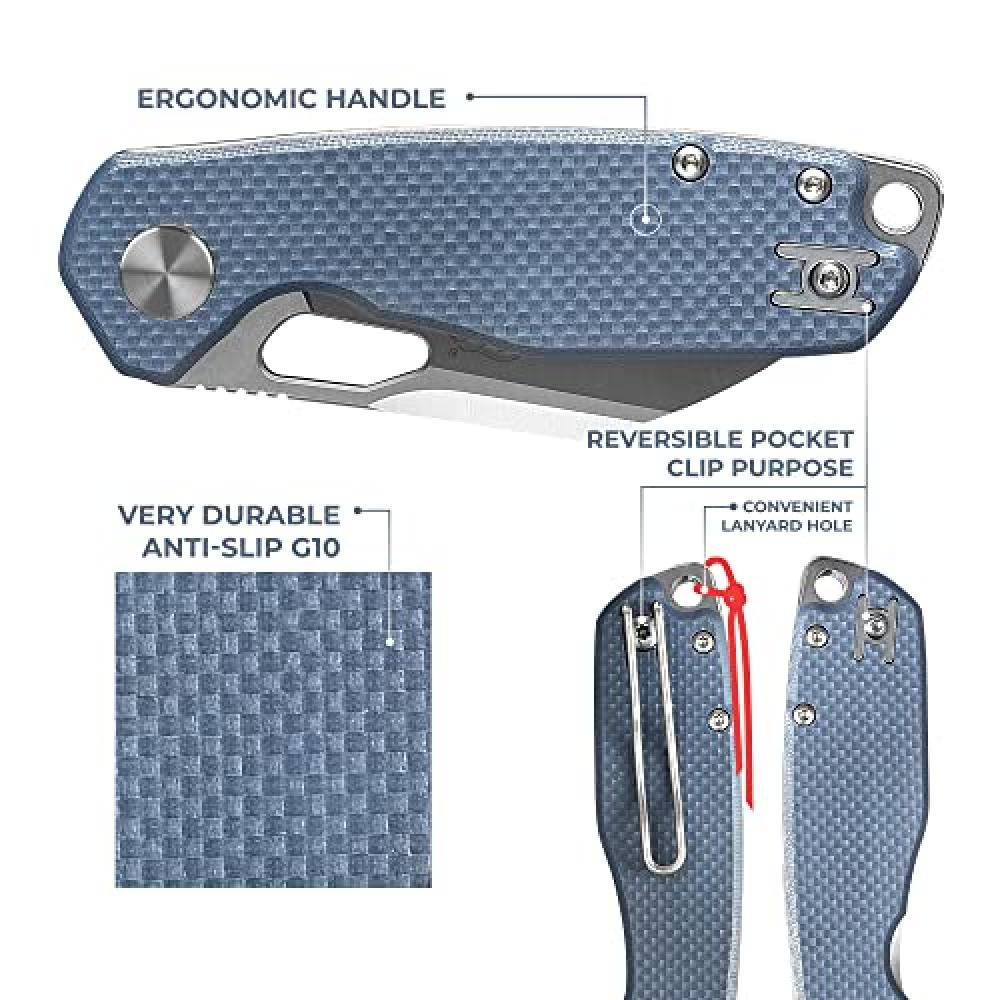 Pocket Folding Knife Wharncliffe D2 Steel Blade G10 Anti-Slip Handle with Clip Camping Hunting Fishing Folder Outdoor EDC Knife (Gray)