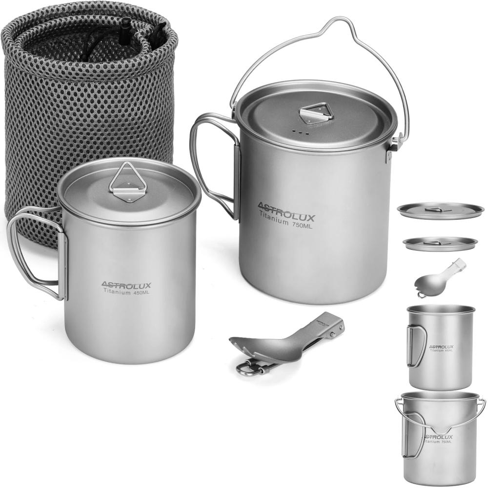 Astrolux® Ti-M1 Titanium Mug Titanium Pot Lightweight Camping Pot Titanium Cup Titanium Backpacking Pot with Portable Foldable Handles for Outdoor Camping Hiking Backpacking