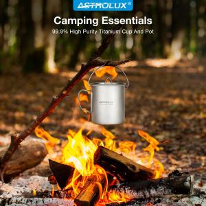 Astrolux® Ti-M1 Titanium Mug Titanium Pot Lightweight Camping Pot Titanium Cup Titanium Backpacking Pot with Portable Foldable Handles for Outdoor Camping Hiking Backpacking