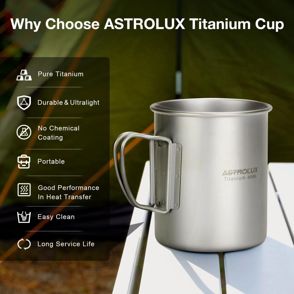 Astrolux® Ti-M1 Titanium Mug Titanium Pot Lightweight Camping Pot Titanium Cup Titanium Backpacking Pot with Portable Foldable Handles for Outdoor Camping Hiking Backpacking