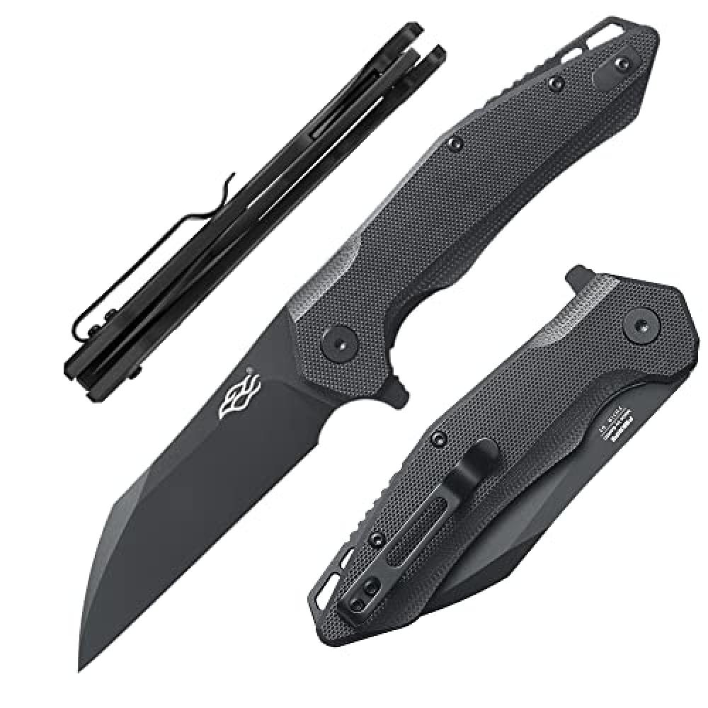 FH31 Folding Pocket Knife D2 Steel Wharncliffe Blade Ergonomic G10 Handle w/Clip Hunting Fishing Flipper Camping Outdoor EDC Knife - All Black
