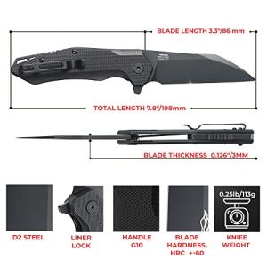 FH31 Folding Pocket Knife D2 Steel Wharncliffe Blade Ergonomic G10 Handle w/Clip Hunting Fishing Flipper Camping Outdoor EDC Knife - All Black