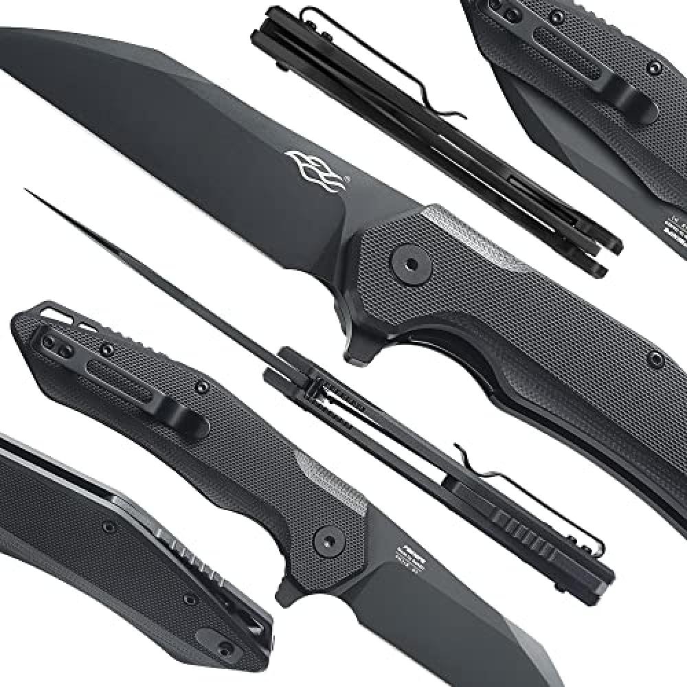 FH31 Folding Pocket Knife D2 Steel Wharncliffe Blade Ergonomic G10 Handle w/Clip Hunting Fishing Flipper Camping Outdoor EDC Knife - All Black