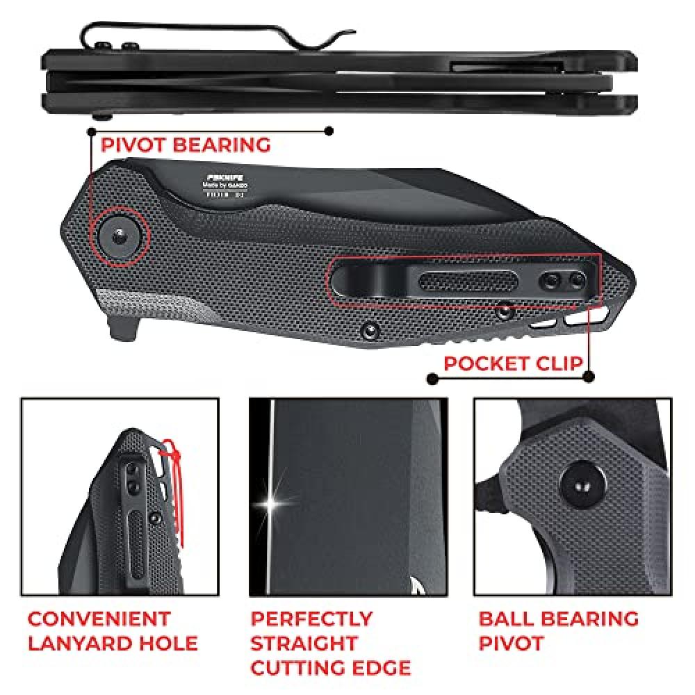 FH31 Folding Pocket Knife D2 Steel Wharncliffe Blade Ergonomic G10 Handle w/Clip Hunting Fishing Flipper Camping Outdoor EDC Knife - All Black