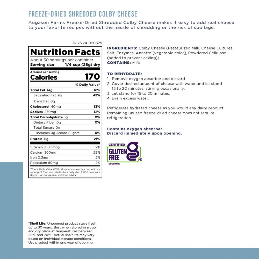 Freeze Dried Shredded Colby Cheese #10 Can, 30 Servings