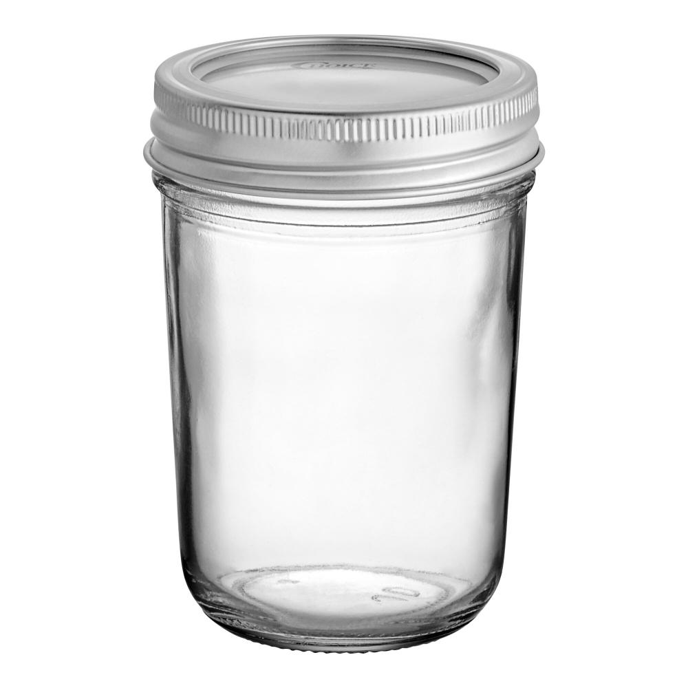 Choice 8 oz. Half-Pint Regular Mouth Glass Canning / Mason Jar with Silver Metal Lid and Band - 12/Case