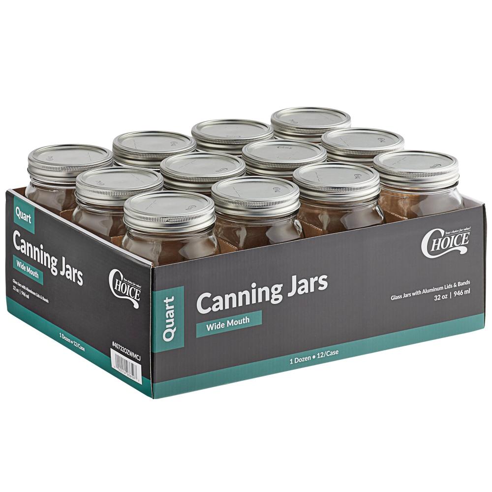 Choice 32 oz. Quart Wide Mouth Glass Canning / Mason Jar with Silver Metal Lid and Band - 12/Case