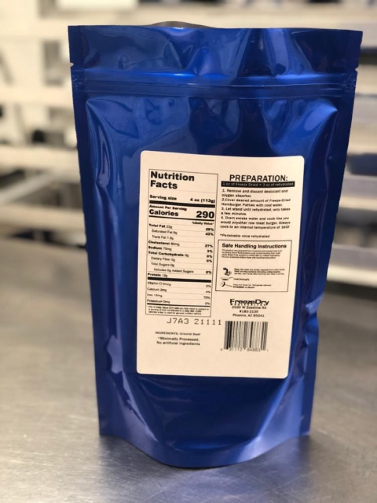 Freeze Dried 1/3-lb Uncooked Beef Hamburger Patties