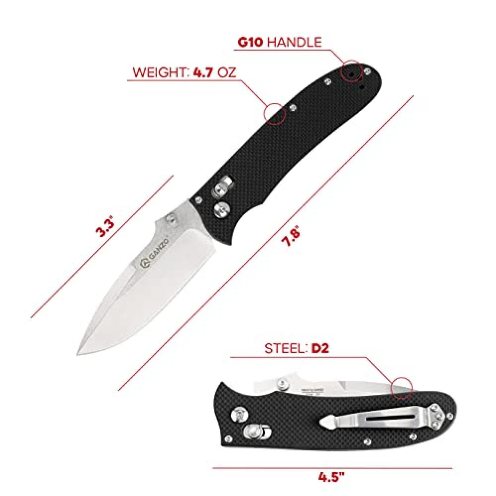 Ganzo D704-GR Pocket Folding Knife D2 Steel Blade G10 Handle with Clip Hunting Fishing Camping Outdoor EDC Knife (Green)