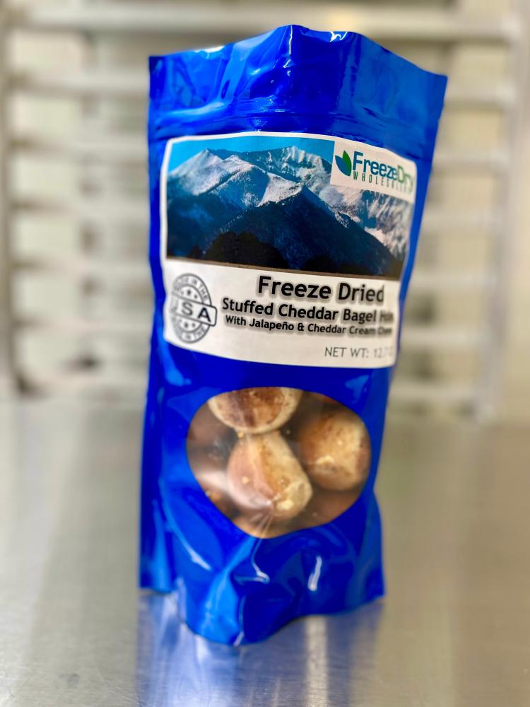 LIMITED PRODUCTION Freeze Dried Fully Cooked Cheddar and Jalapeño Cream Cheese Stuffed Bagel Bites