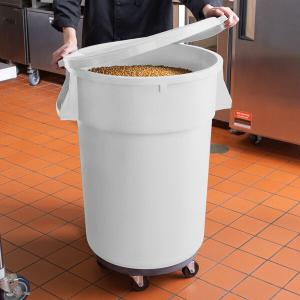 Baker's Mark 44 Gallon / 700 Cup White Round Mobile Ingredient Storage Bin with White Snap-On Lid and Gray Dolly