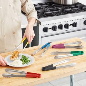 Choice 12" HACCP Color Coated Handles Stainless Steel Scalloped Tongs - 6/Set