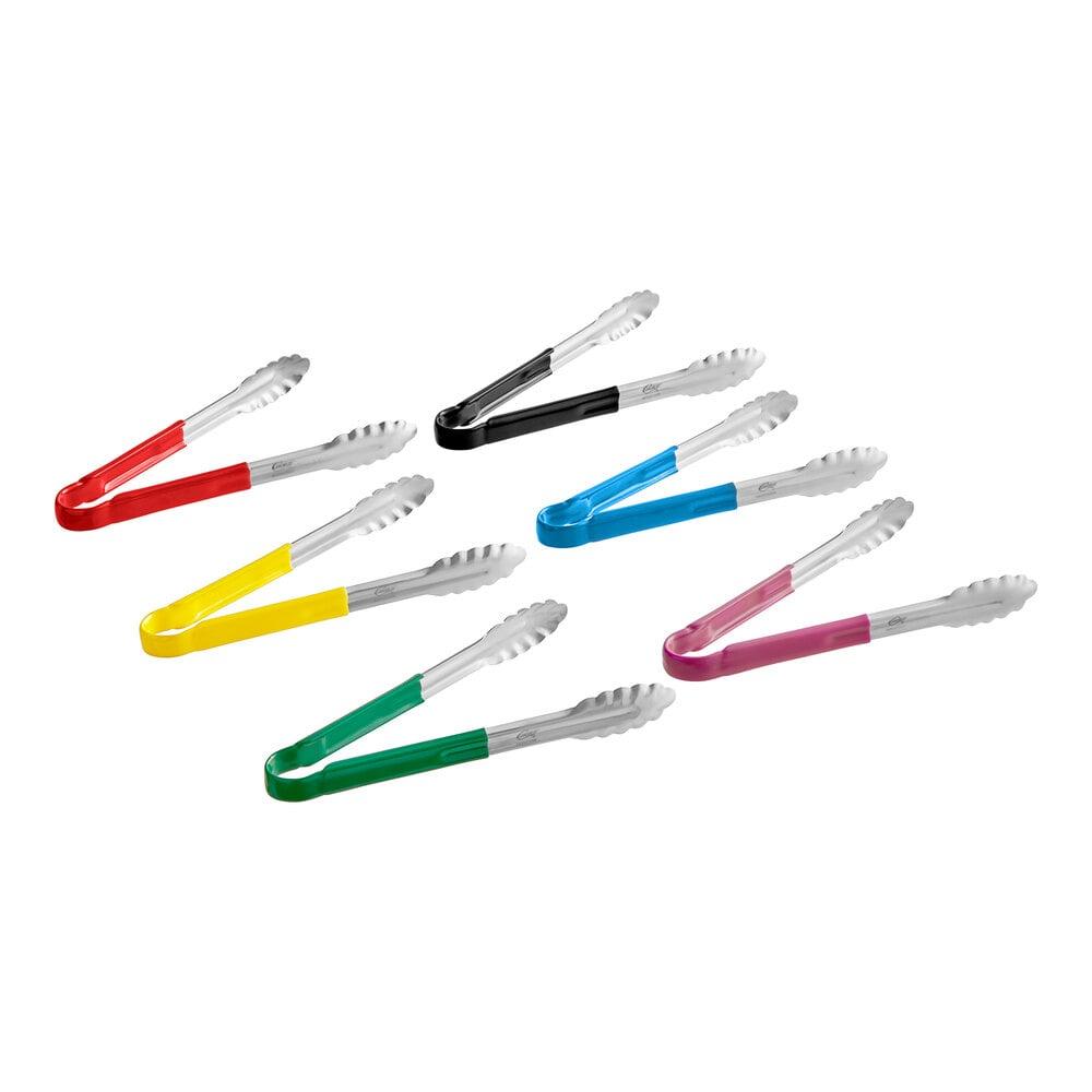 Choice 12" HACCP Color Coated Handles Stainless Steel Scalloped Tongs - 6/Set