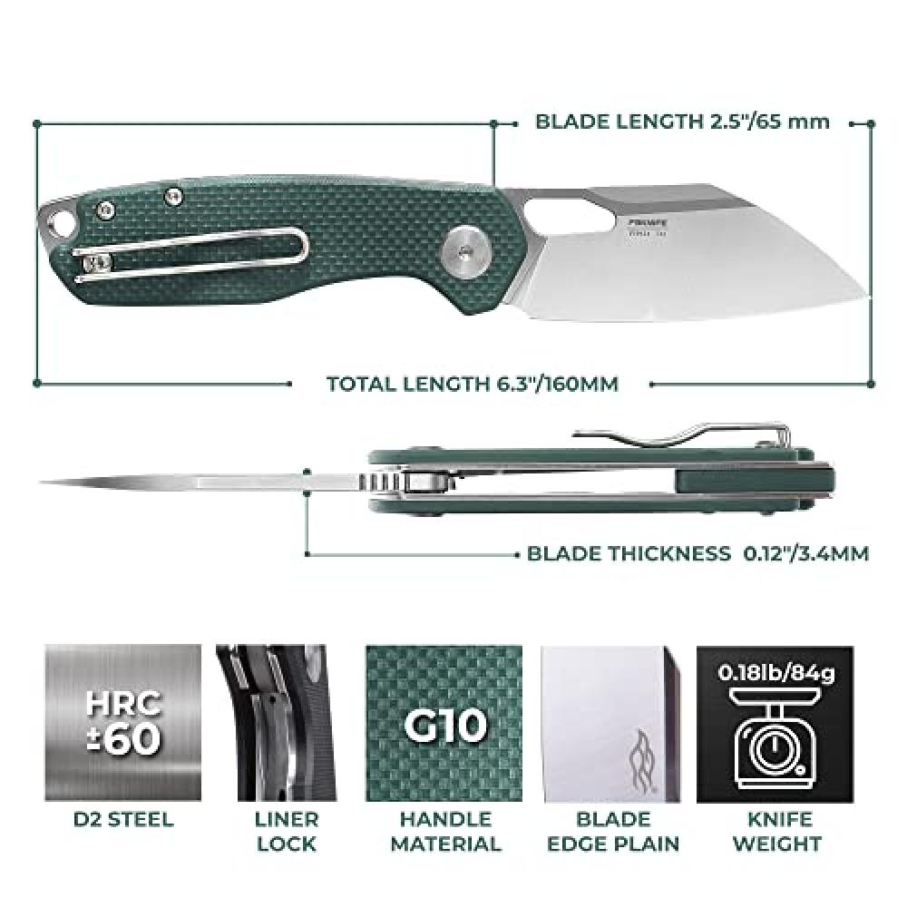 Firebird GANZO FH924 Pocket Folding Knife Wharncliffe D2 Steel Blade G10 Anti-Slip Handle with Clip Camping Hunting Fishing Folder Outdoor EDC Knife (Green)