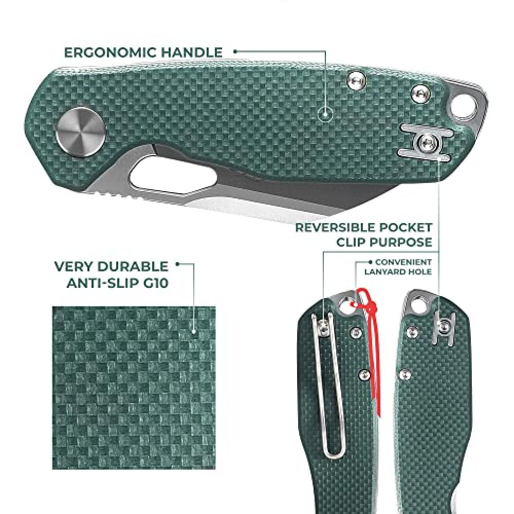 Firebird GANZO FH924 Pocket Folding Knife Wharncliffe D2 Steel Blade G10 Anti-Slip Handle with Clip Camping Hunting Fishing Folder Outdoor EDC Knife (Green)