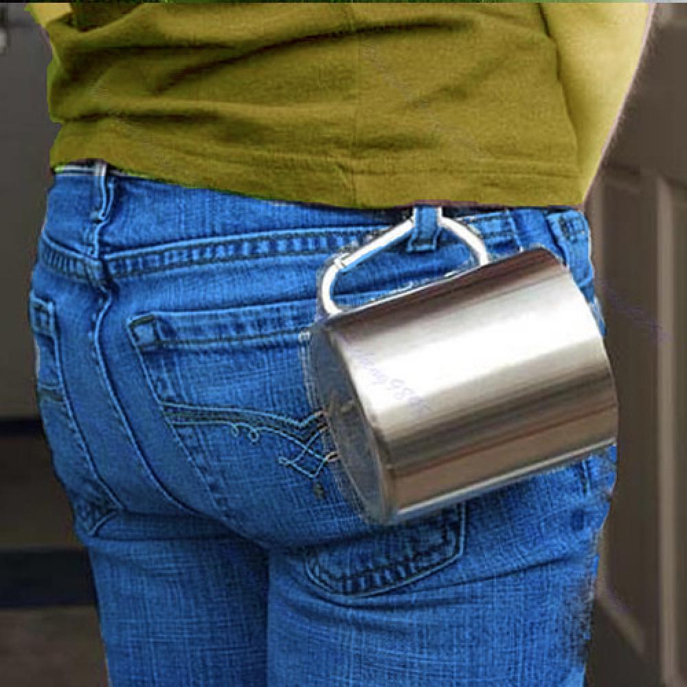 220ml Portable Stainless Steel Mug Camping Cup Carabiner Double Wall