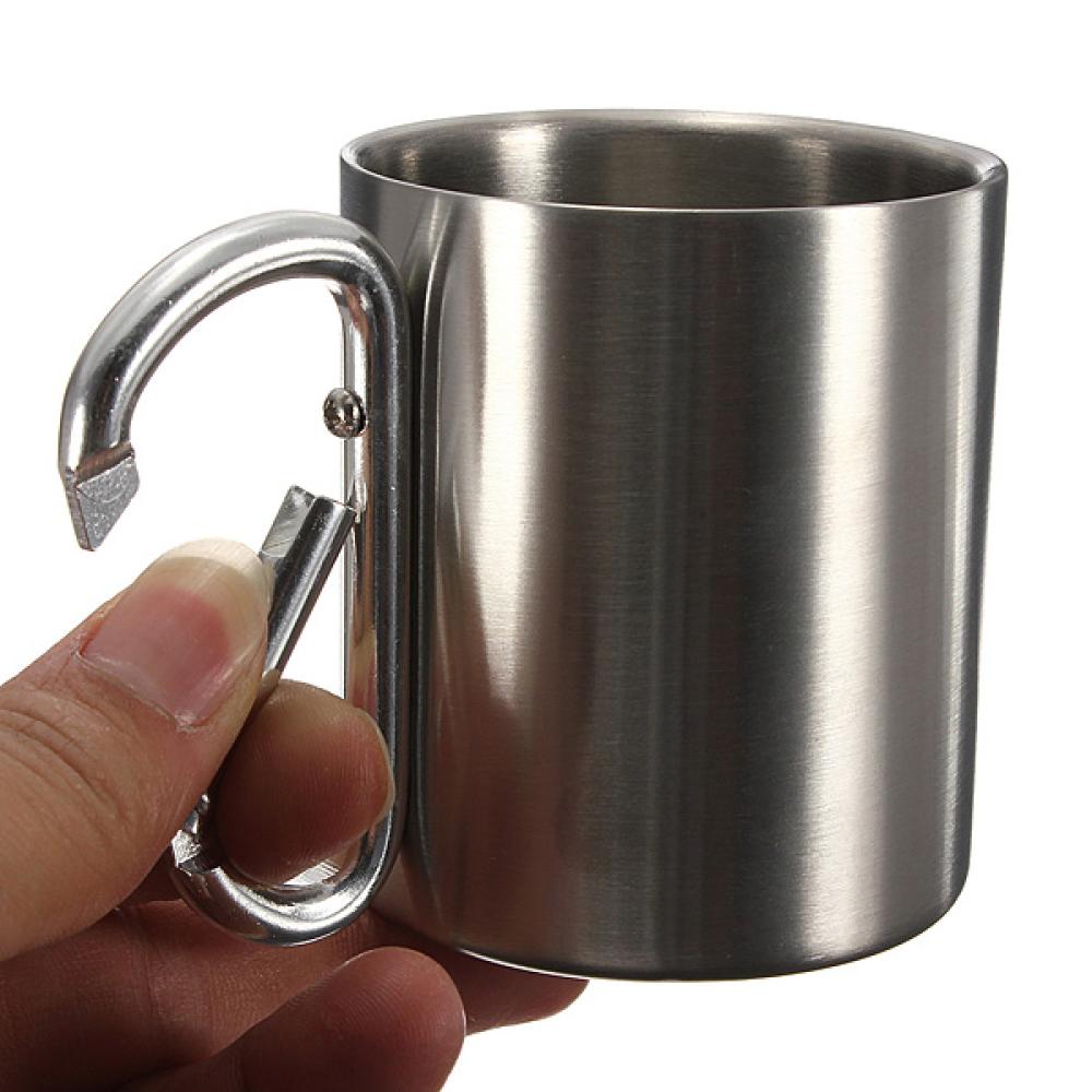 220ml Portable Stainless Steel Mug Camping Cup Carabiner Double Wall