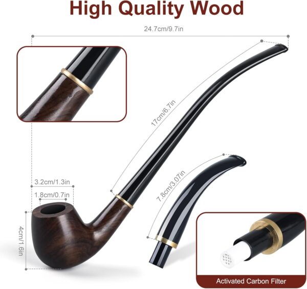 Joyoldelf Ebony Tobacco Pipe Set - Handmade Pipe with Replaceable Short and Long Pipe Stem, Wood Pipe with Pipe Stand, Pipe Starter Kit with Gift Box and Accessories for Pipe Beginner - Image 2