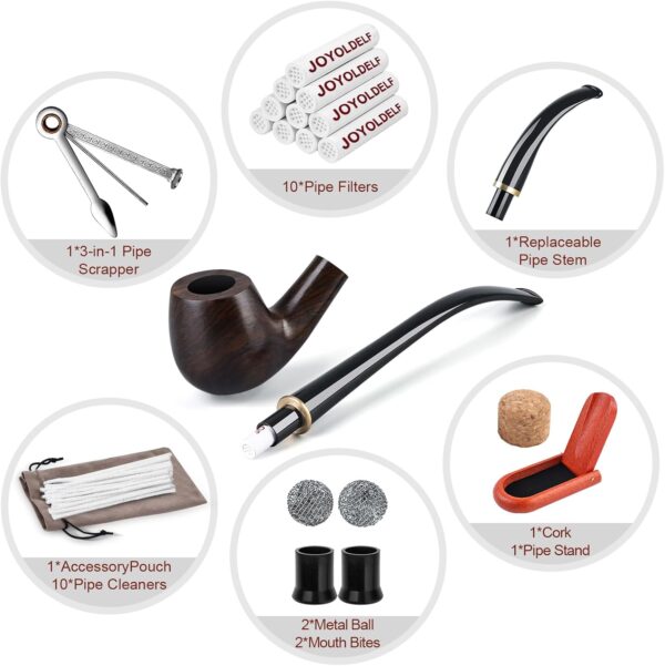 Joyoldelf Ebony Tobacco Pipe Set - Handmade Pipe with Replaceable Short and Long Pipe Stem, Wood Pipe with Pipe Stand, Pipe Starter Kit with Gift Box and Accessories for Pipe Beginner - Image 6