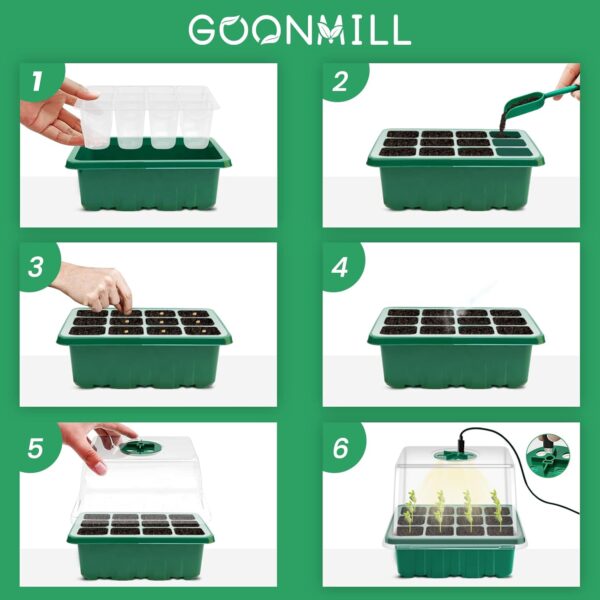 Seed Starter Tray with Grow Light, 5 Packs Plant Starter Tray Seedling Starter Kit with Humidity Domes Base Indoor Greenhouse Mini Propagator Station for Seeds Growing Starting (12 Cells per Tray) - Image 7