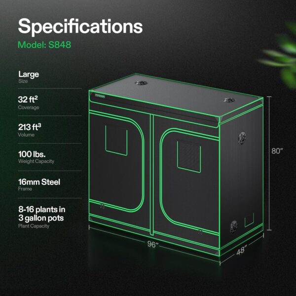 VIVOSUN S848 4x8 Grow Tent, 96"x48"x80" High Reflective Mylar with Observation Window and Floor Tray for Hydroponics Indoor Plant for VS4000/VSF4300 - Image 7