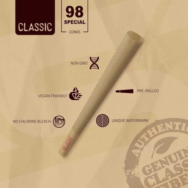 RAW Cones Classic 98 Special - 50 Pack - Slow Burning Pre Rolled Cones with Tips & Packing Tubes Included - Rolling Papers - Image 3