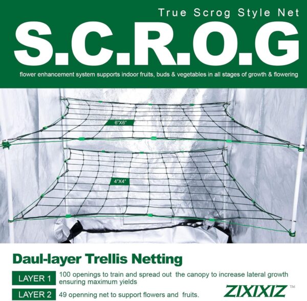 Trellis Netting for 4x4 ft Grow Tents, Dual-layer Flexible Net 3x3 ft with Stainless Steel Hooks&Plant Labels&Garden Plant Twist Tie &Hook and Loop Tape (49&100 Meshes) - Image 2