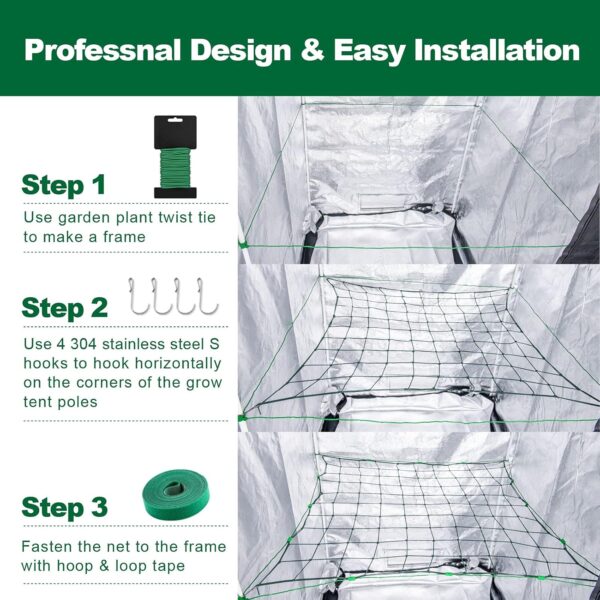 Trellis Netting for 4x4 ft Grow Tents, Dual-layer Flexible Net 3x3 ft with Stainless Steel Hooks&Plant Labels&Garden Plant Twist Tie &Hook and Loop Tape (49&100 Meshes) - Image 4