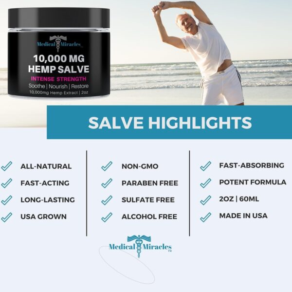 Hemp Salve Intense Strength 10,000 MG. Ideal for HIPS, Joints, Neck, Back, Elbows, Fingers, Hands, and Knees. 100% Natural - Proudly Made in USA - Image 5