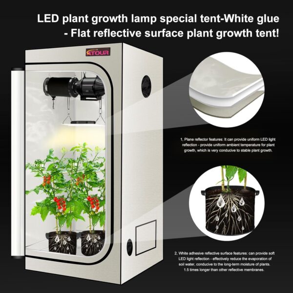 ATOUR LED Grow Light Specil Tent, 32"x32"x63'' High Reflective PE Film Grow Tent, 1680D High Strength Canvas Plant Tent with Observation Window & Floor Tray for Hydroponics Indoor Plant - Image 3