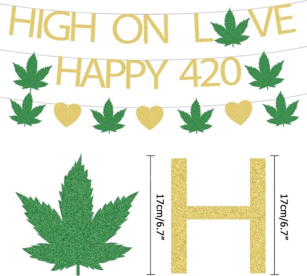 High on Love Marijuana Glitter Banner Weed Day Party Decorations, High on Love Banner Marijuana Leaf Weed Themed Banner Decorations - Image 2