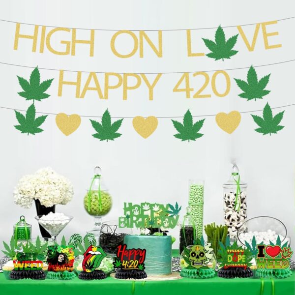 High on Love Marijuana Glitter Banner Weed Day Party Decorations, High on Love Banner Marijuana Leaf Weed Themed Banner Decorations - Image 3