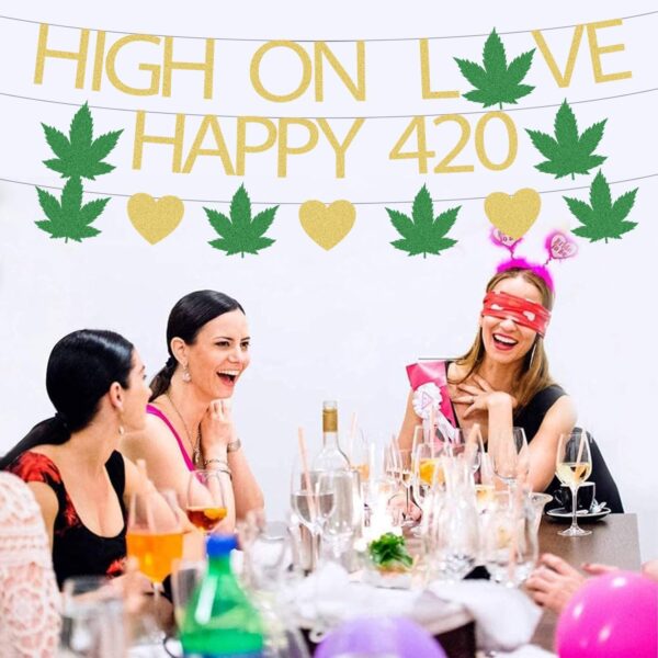High on Love Marijuana Glitter Banner Weed Day Party Decorations, High on Love Banner Marijuana Leaf Weed Themed Banner Decorations - Image 4