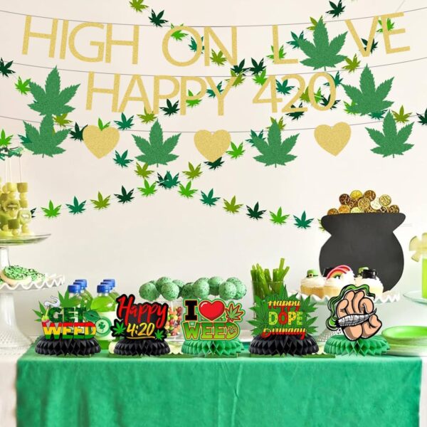 High on Love Marijuana Glitter Banner Weed Day Party Decorations, High on Love Banner Marijuana Leaf Weed Themed Banner Decorations - Image 5