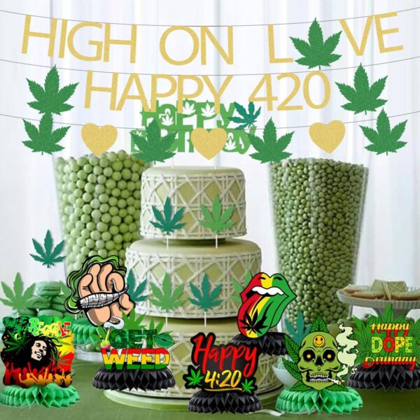 High on Love Marijuana Glitter Banner Weed Day Party Decorations, High on Love Banner Marijuana Leaf Weed Themed Banner Decorations - Image 7