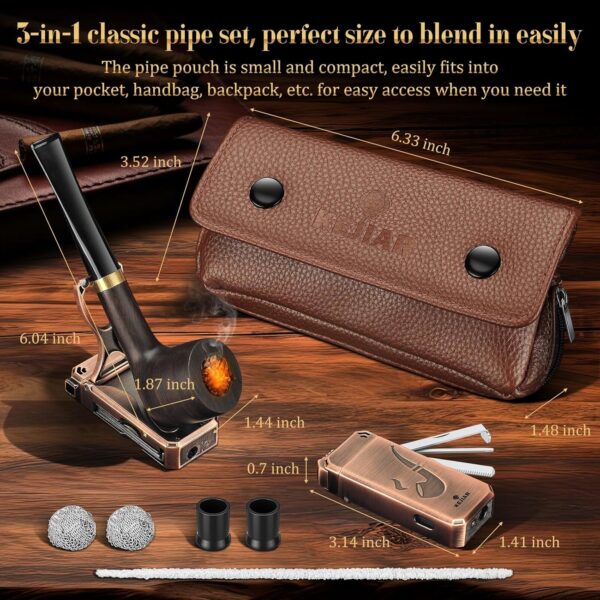 Tobacco Pipe Set, Handmade Wooden Pipe, Soft Flame Pipe Lighter and Smoking Pouch Set.Equipped With Pipe Cleaning Strips, Flame Retardant Mesh, Filters and Lighter, Comes with 3 Collapsible Pipe Cleaning Tools and Pipe Racks, Great Gift For Men (Gas Free) - Image 2