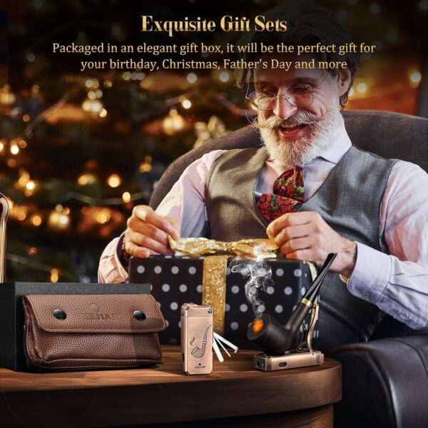 Tobacco Pipe Set, Handmade Wooden Pipe, Soft Flame Pipe Lighter and Smoking Pouch Set.Equipped With Pipe Cleaning Strips, Flame Retardant Mesh, Filters and Lighter, Comes with 3 Collapsible Pipe Cleaning Tools and Pipe Racks, Great Gift For Men (Gas Free) - Image 3