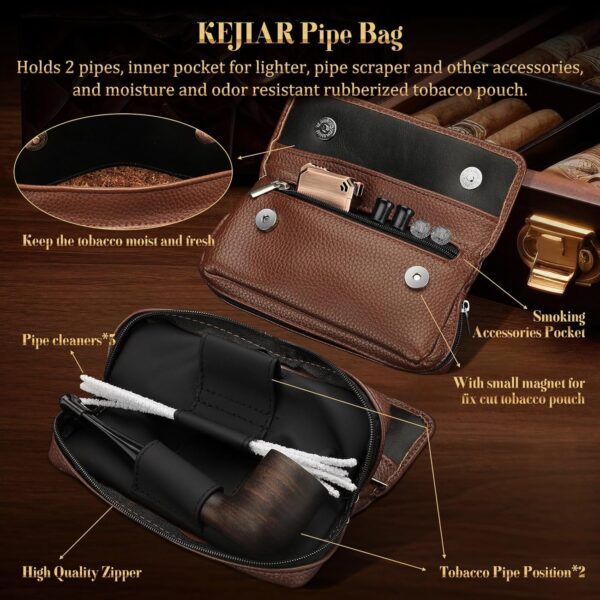 Tobacco Pipe Set, Handmade Wooden Pipe, Soft Flame Pipe Lighter and Smoking Pouch Set.Equipped With Pipe Cleaning Strips, Flame Retardant Mesh, Filters and Lighter, Comes with 3 Collapsible Pipe Cleaning Tools and Pipe Racks, Great Gift For Men (Gas Free) - Image 4