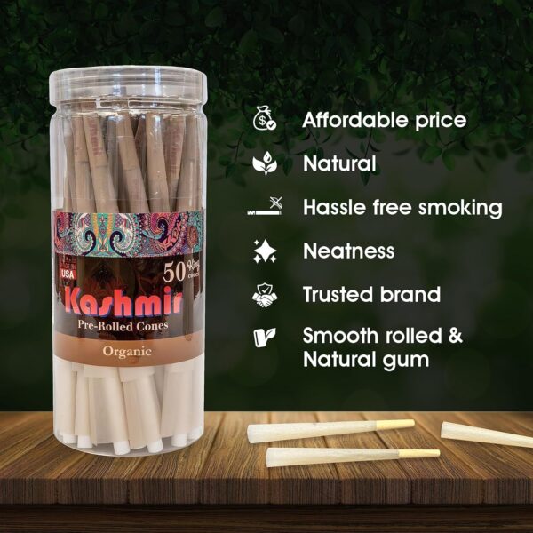 Kashmir 50 ct Organic Rolling Paper Cone King Size, Natural Pre Rolled Cones with Filter Tips, 109mm Organic Natural Fibers Easy to Use Convenient Preroll Cones, Classic Cones Rolling Paper - 50 Pcs - Image 4