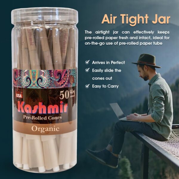 Kashmir 50 ct Organic Rolling Paper Cone King Size, Natural Pre Rolled Cones with Filter Tips, 109mm Organic Natural Fibers Easy to Use Convenient Preroll Cones, Classic Cones Rolling Paper - 50 Pcs - Image 5