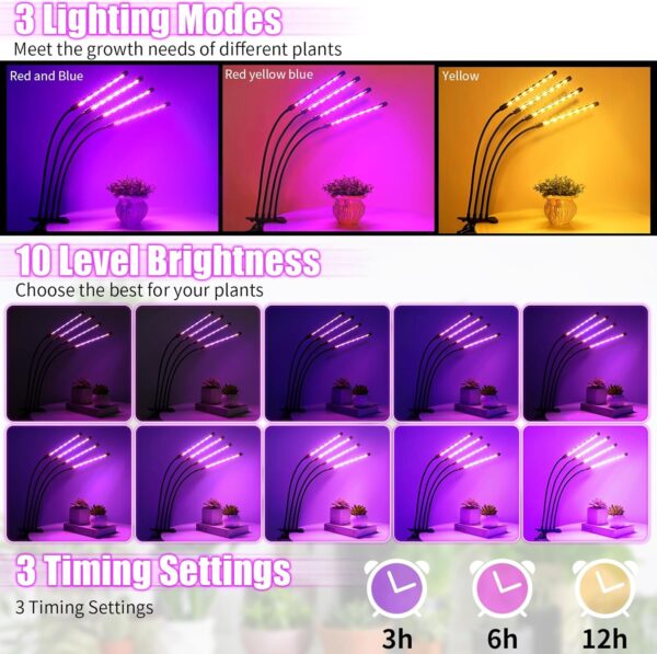 LED Grow Lights, 4 Heads Red Blue White Full Spectrum Plants Lights with Clamp for Indoor Plants & Seed Starting, 10-Level Dimmable, Auto On Off, Timing 4 9 12Hrs - Image 4